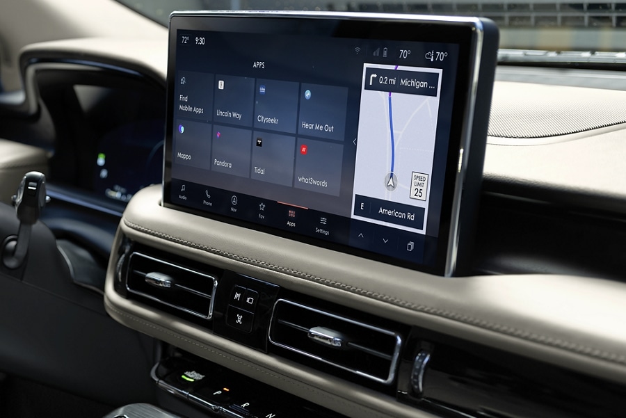 The SYNC® 4 app link home screen is displayed on a 13.2" center touchscreen inside a 2023 Lincoln Nautilus SUV