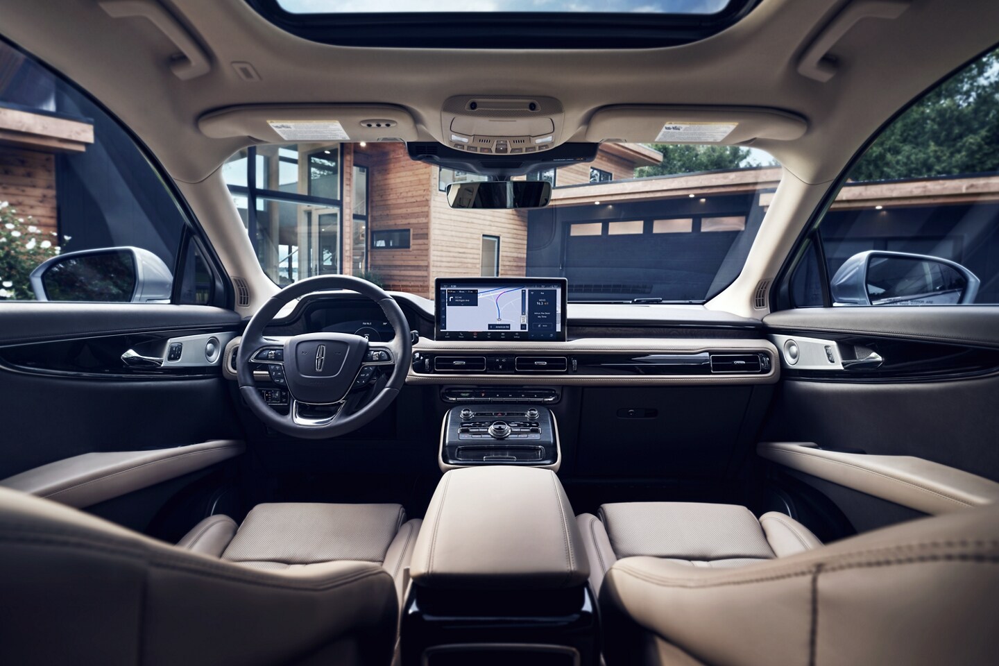 The 2023 Lincoln Nautilus® SUV shows off the dashboard and front cabin with a broad center touchscreen