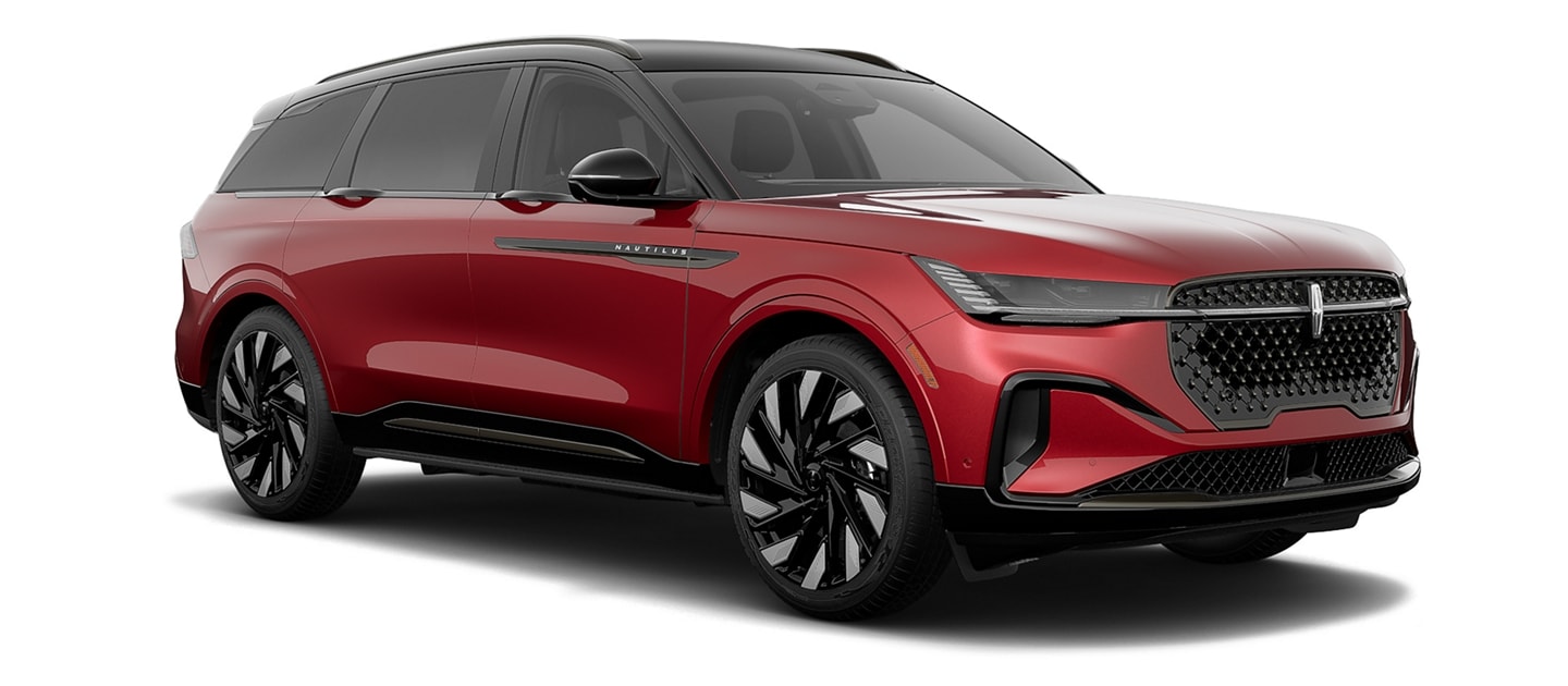 A 2024 Lincoln Nautilus Reserve model shown in the extra-cost Red Carpet colour with the available Jet Appearance Package