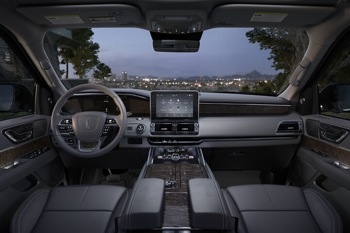 The front cabin of the 2021 Lincoln Navigator is shown in the slate interior colour
