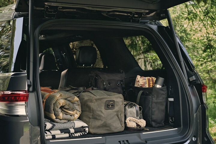 The cargo area of a 2023 Lincoln Navigator SUV vehicle shows high-end gear and comforts for a nature adventure