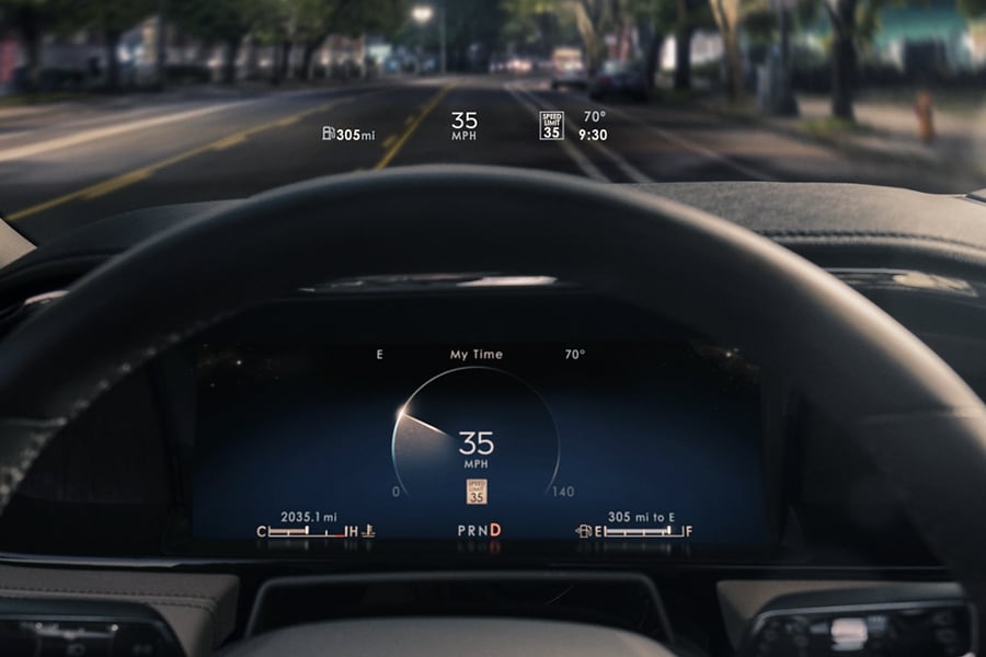 The Head-Up Display projects basic driver information above the steering wheel