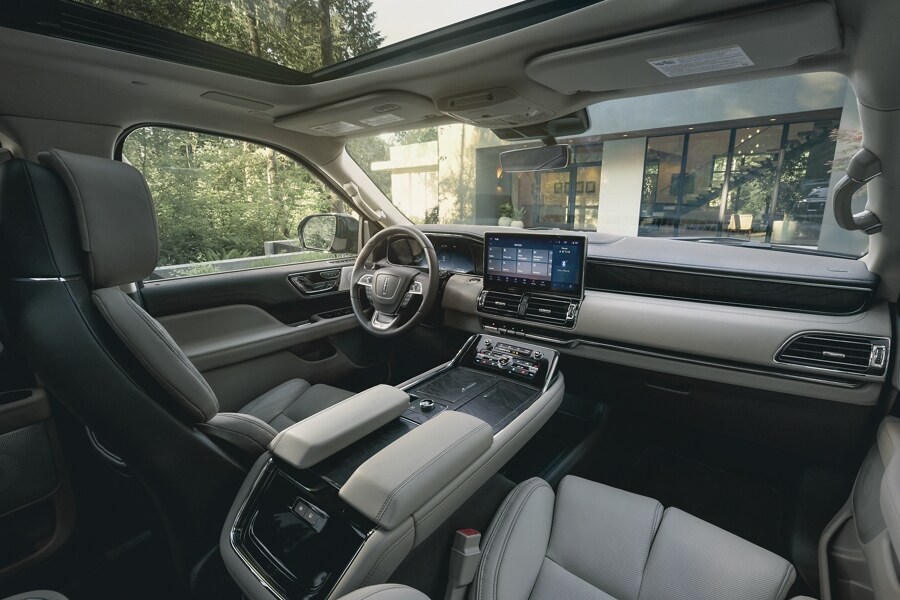 The front cabin of a 2024 Lincoln Navigator model highlights comfort and style