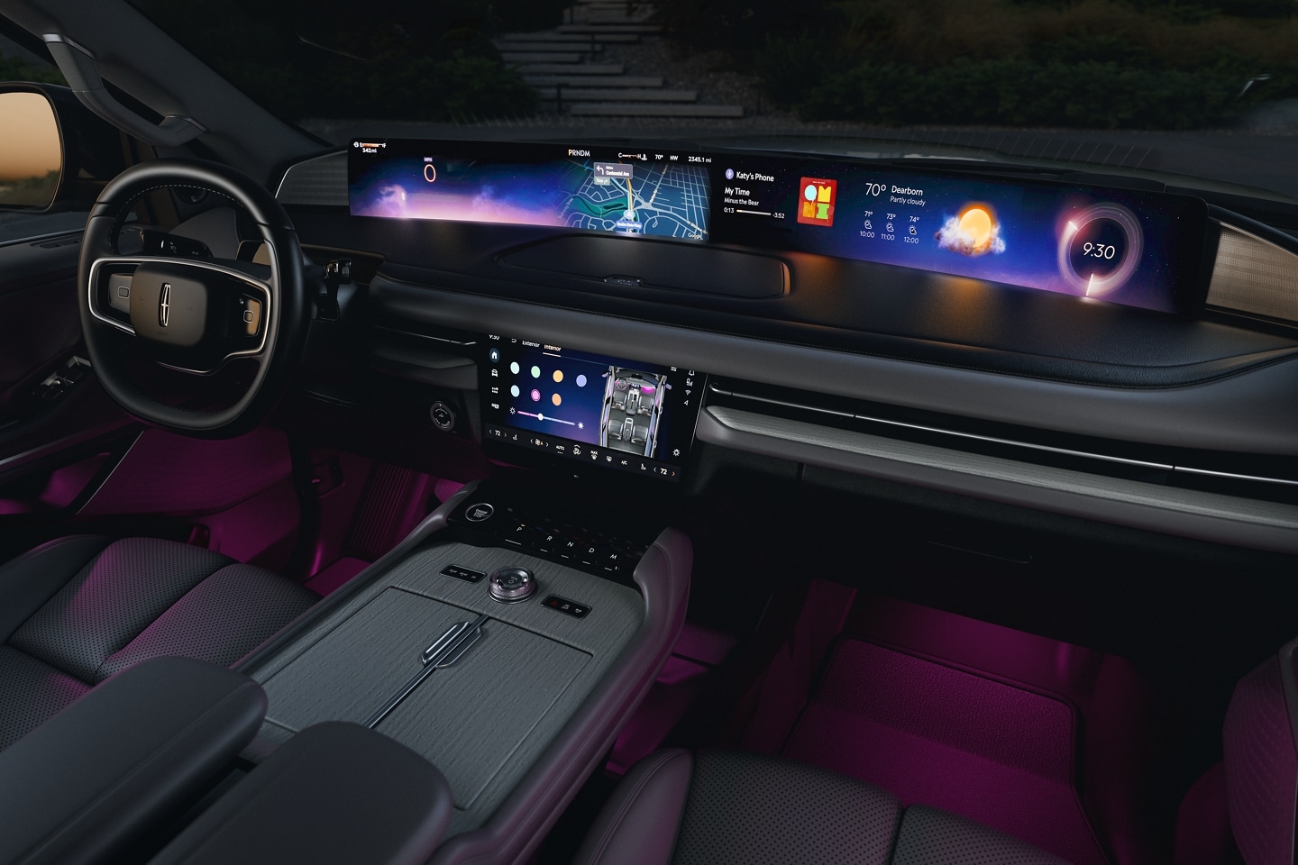 The interior of a 2025 Lincoln Navigator is filled in violet ambient light