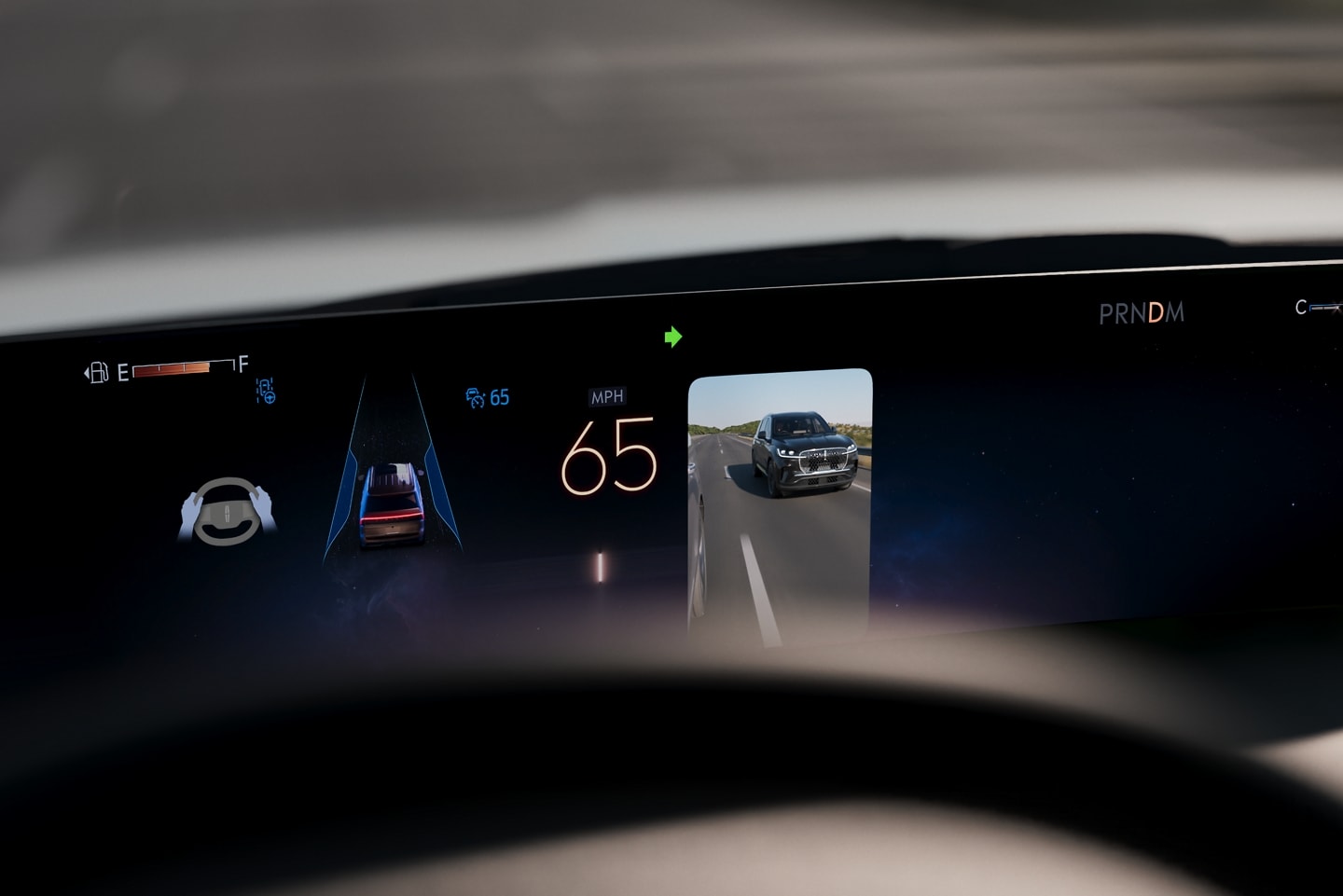 A 2025 Lincoln Navigator SUV dashboard displaying the turn signal view feature
