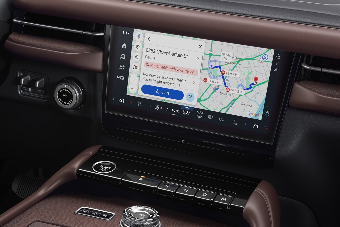 A 2025 Lincoln Navigator SUV center stack screen displaying Google map directions for trailer towing