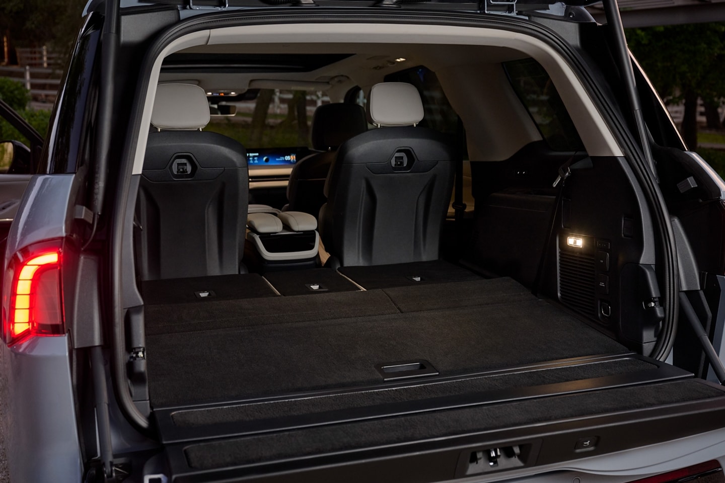 A rear view shot of a 2025 Lincoln Navigator with the third-row folded down for more cargo space