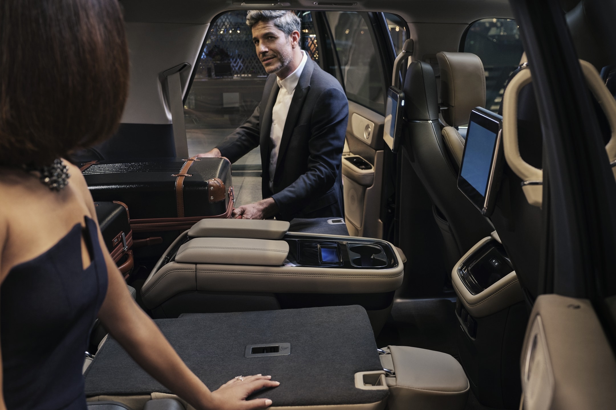 The second-row seats of a 2024 Lincoln Navigator SUV are shown folded down